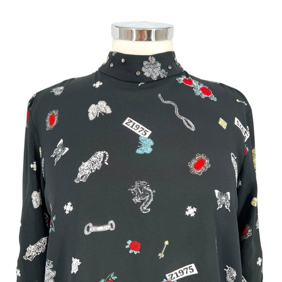 Zara High Neck Z1975 Floral Nature Animal Print Blouse Black Size Medium - Picture 2 of 11